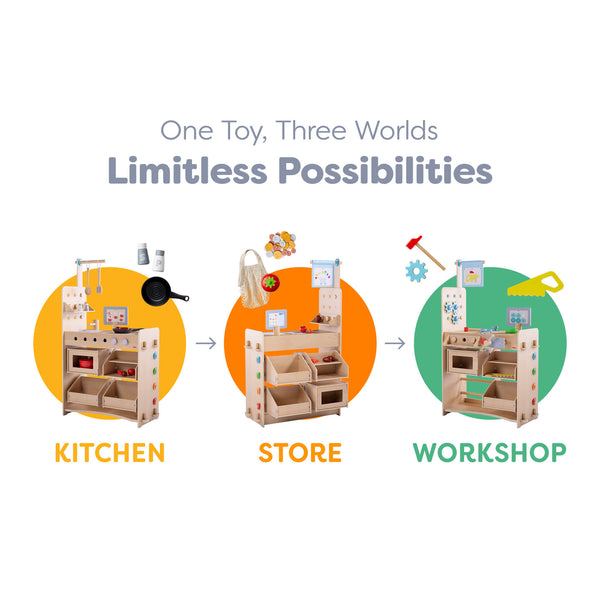 Creative Play 3 in 1 – Play Kitchen, Store & Workshop - The Baby Penguin
