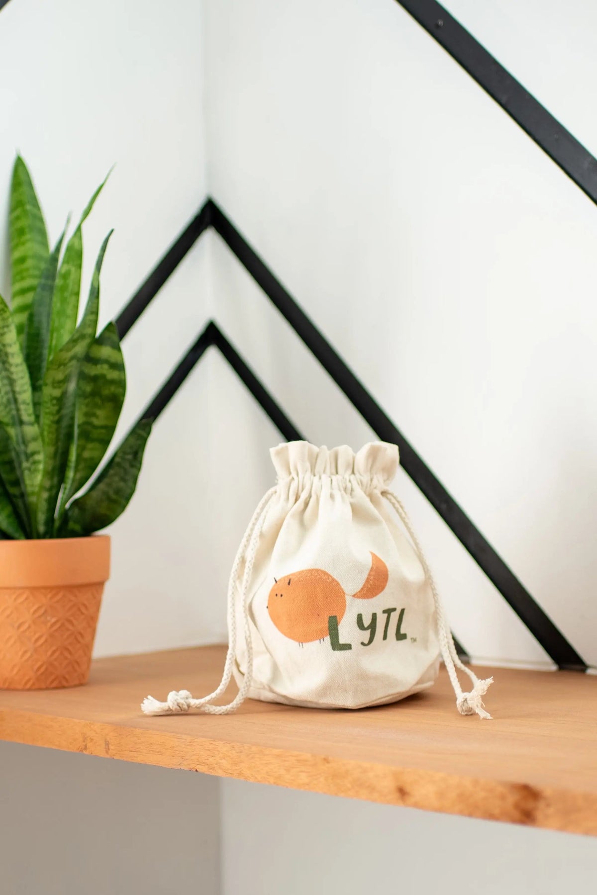 Natural canvas LYTL drawstring bag on a wooden shelf beside a potted plant.