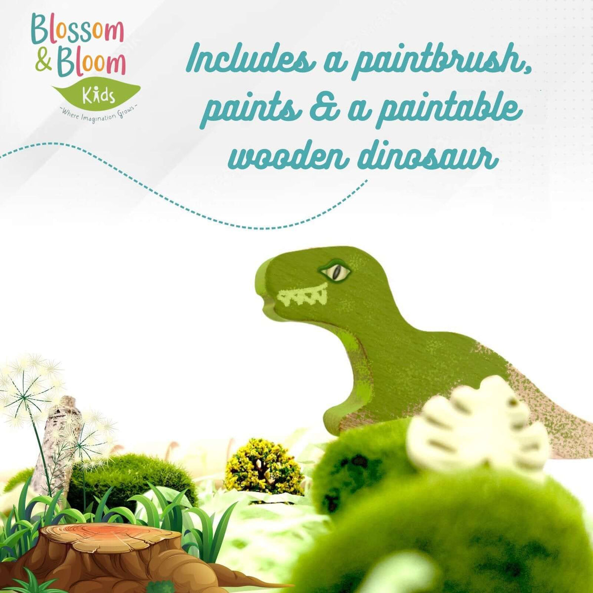 Painted green dinosaur with text highlighting the included paintbrush and paints