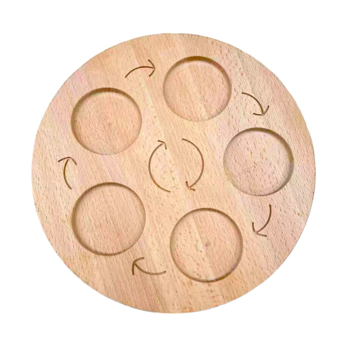 Back of the beechwood life cycle board with five recessed spaces