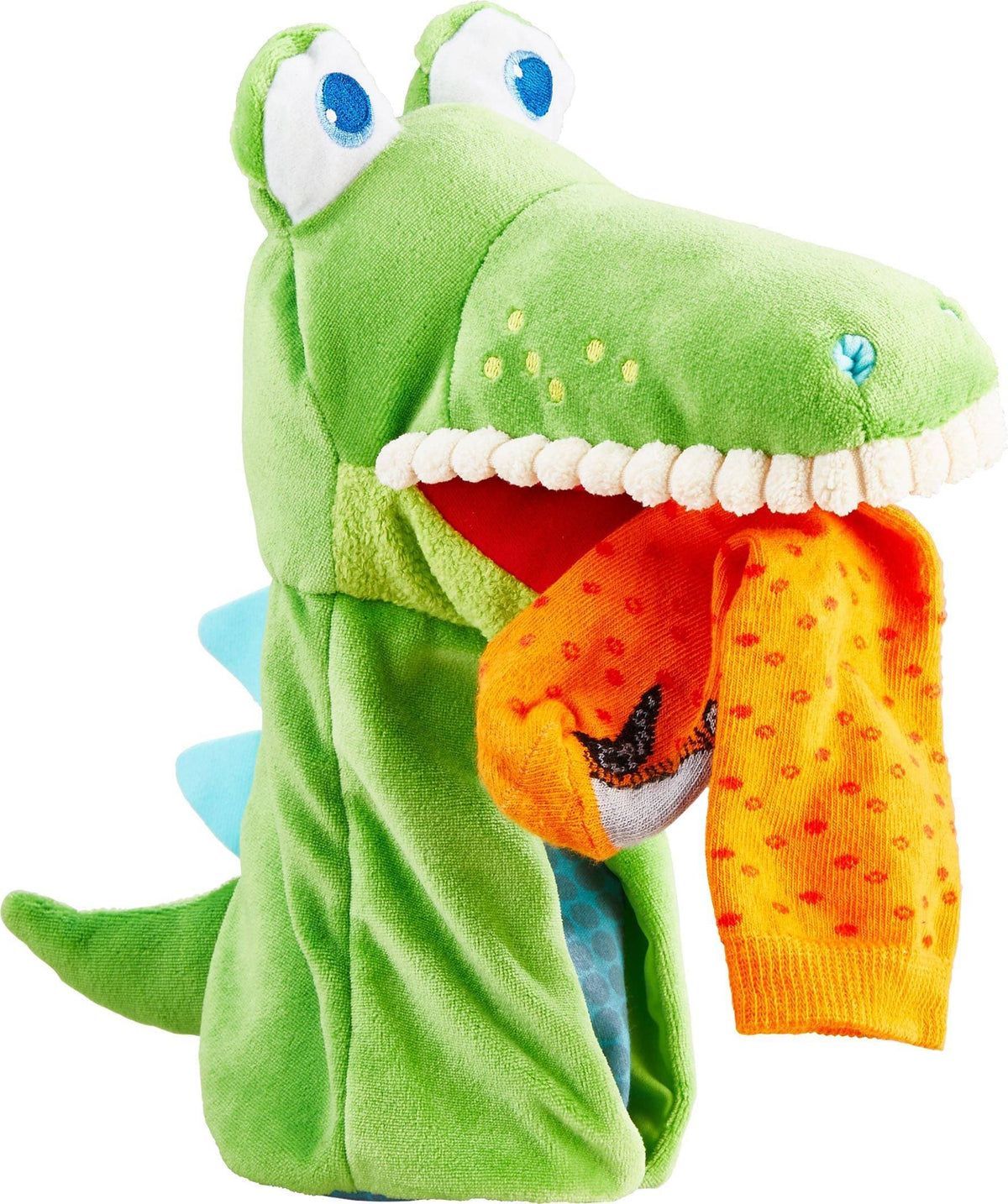 HABA Croco puppet holding an orange sock in its mouth; sock not included