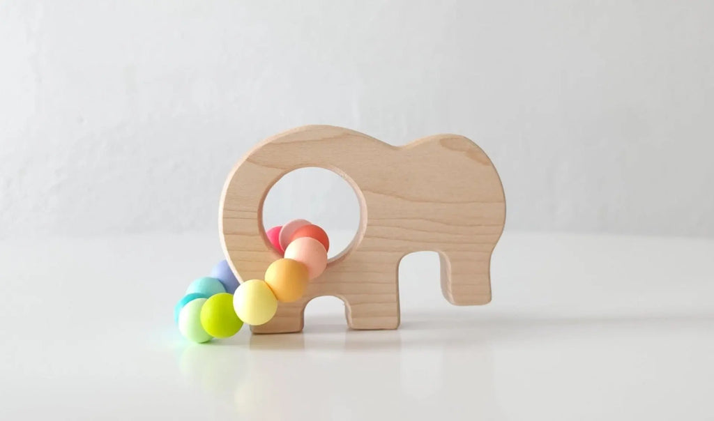 Elephant Wooden Grasping Toy with Teething Beads | Made in the USA | Baby Soothers | The Baby Penguin