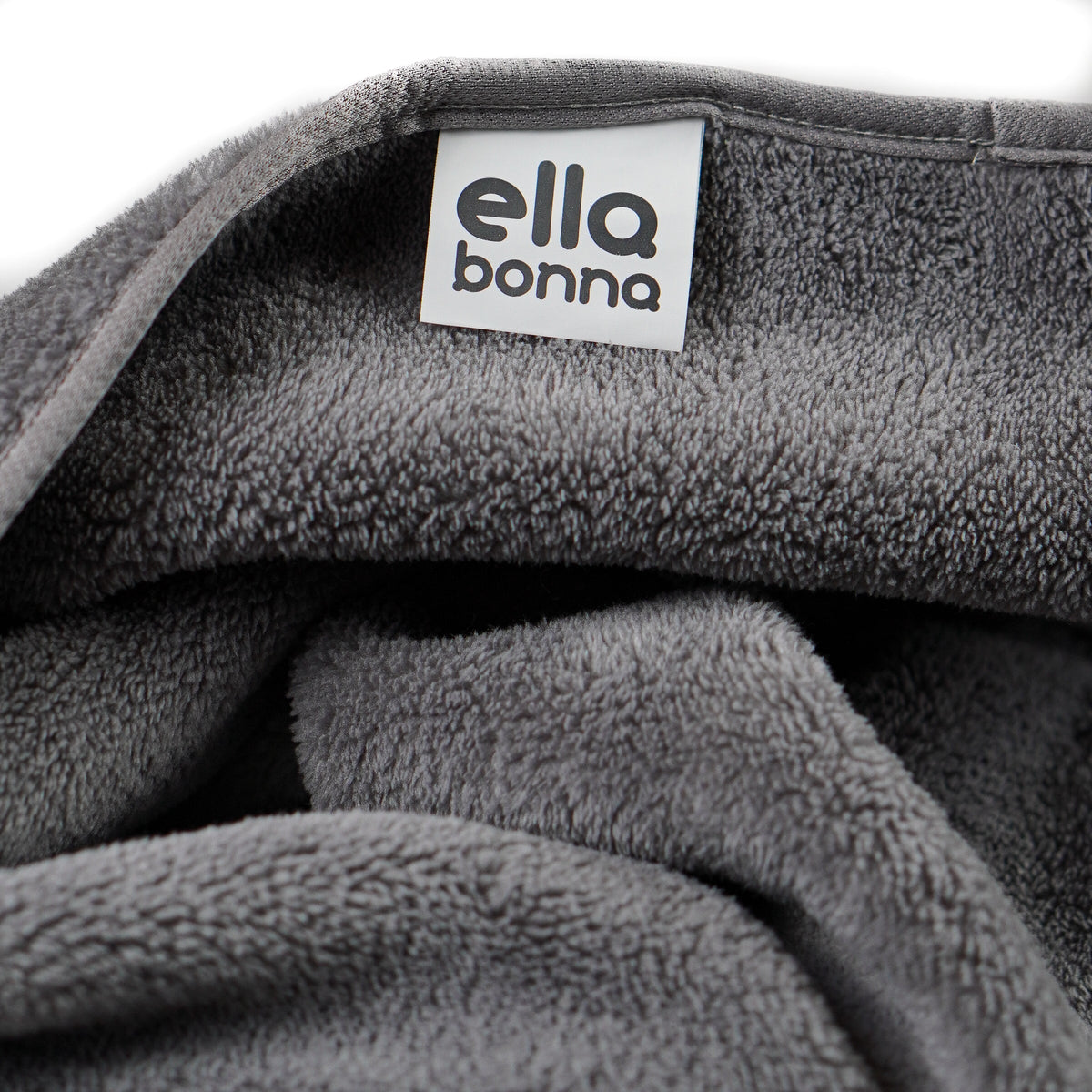Gray fleece blanket edge and Ella Bonna label close-up.