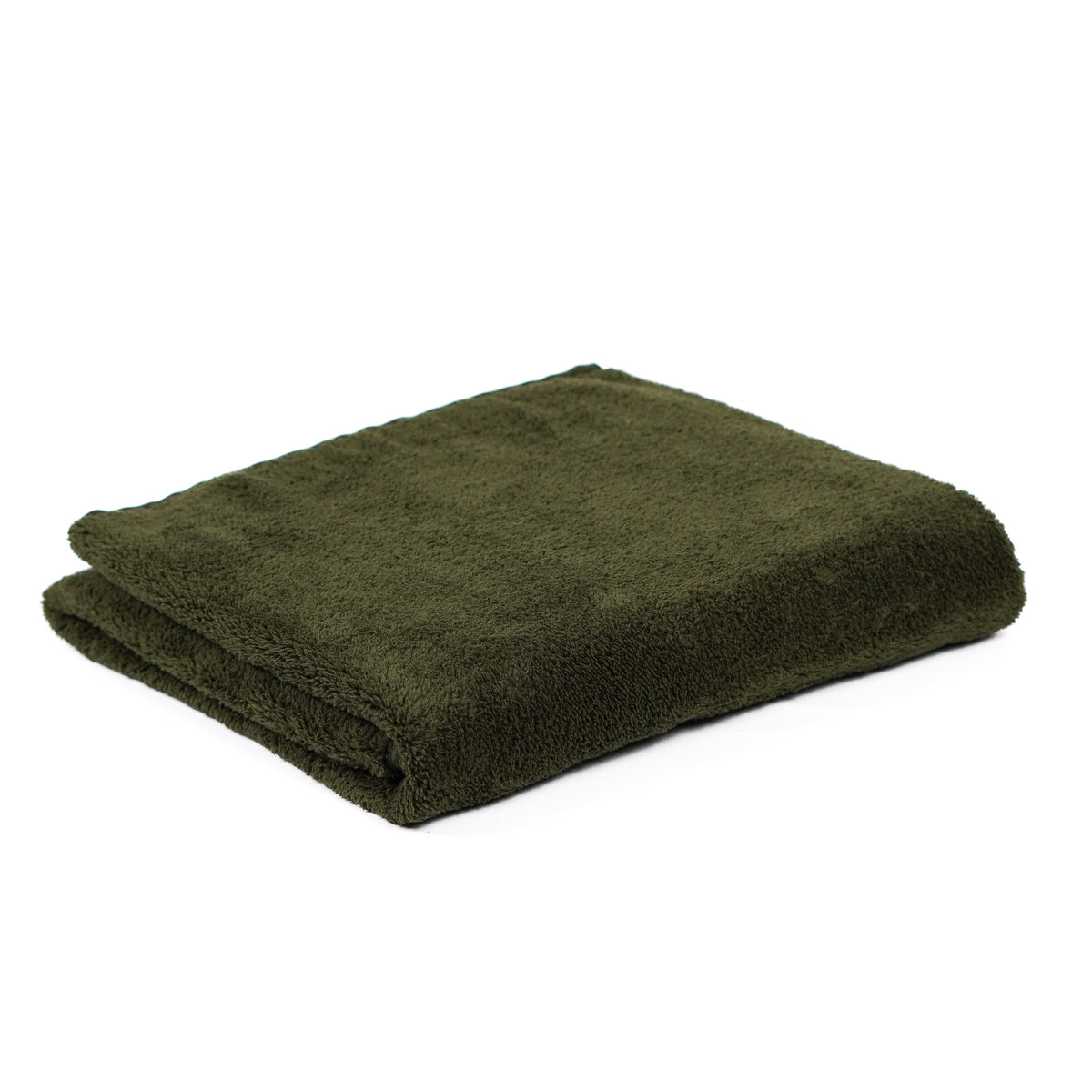 Olive green fleece blanket folded on white.