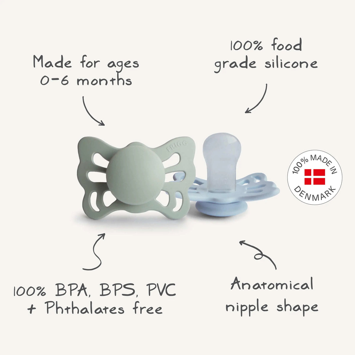 FRIGG Butterfly Anatomical Silicone Pacifier 2-Pack (0-6 Months) | SILICONE FRIGG PACIFIERS | The Baby Penguin
