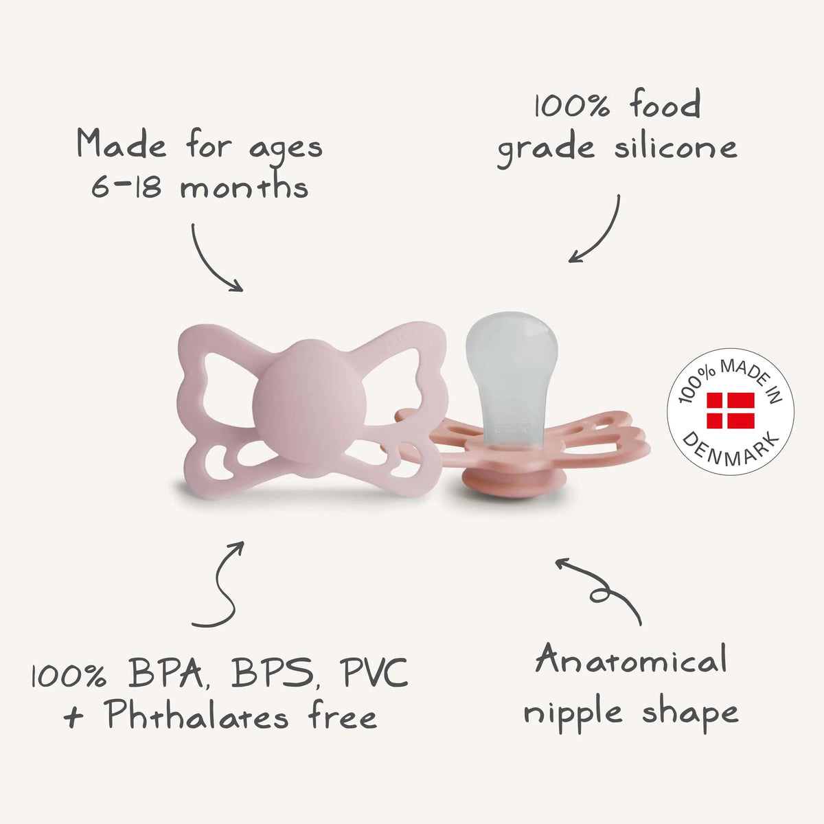 FRIGG Butterfly Anatomical Silicone Pacifier 2-Pack (6-18 Months) | SILICONE FRIGG PACIFIERS | The Baby Penguin