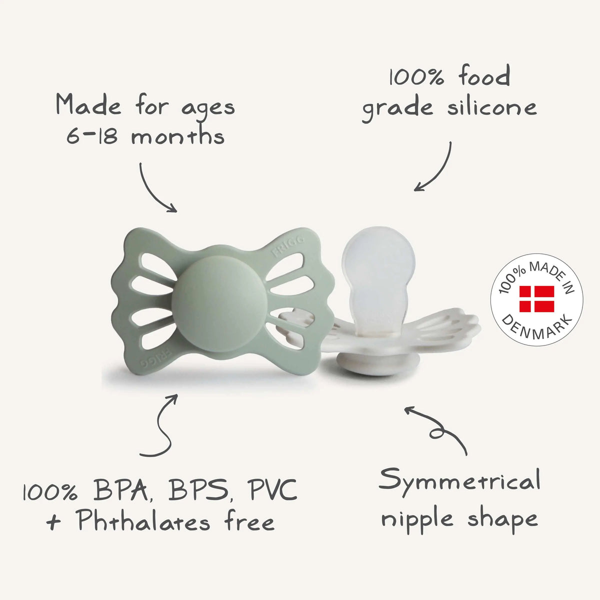 FRIGG Lucky Symmetrical Silicone Pacifier 2-Pack (6-18 Months) | SILICONE FRIGG PACIFIERS | The Baby Penguin
