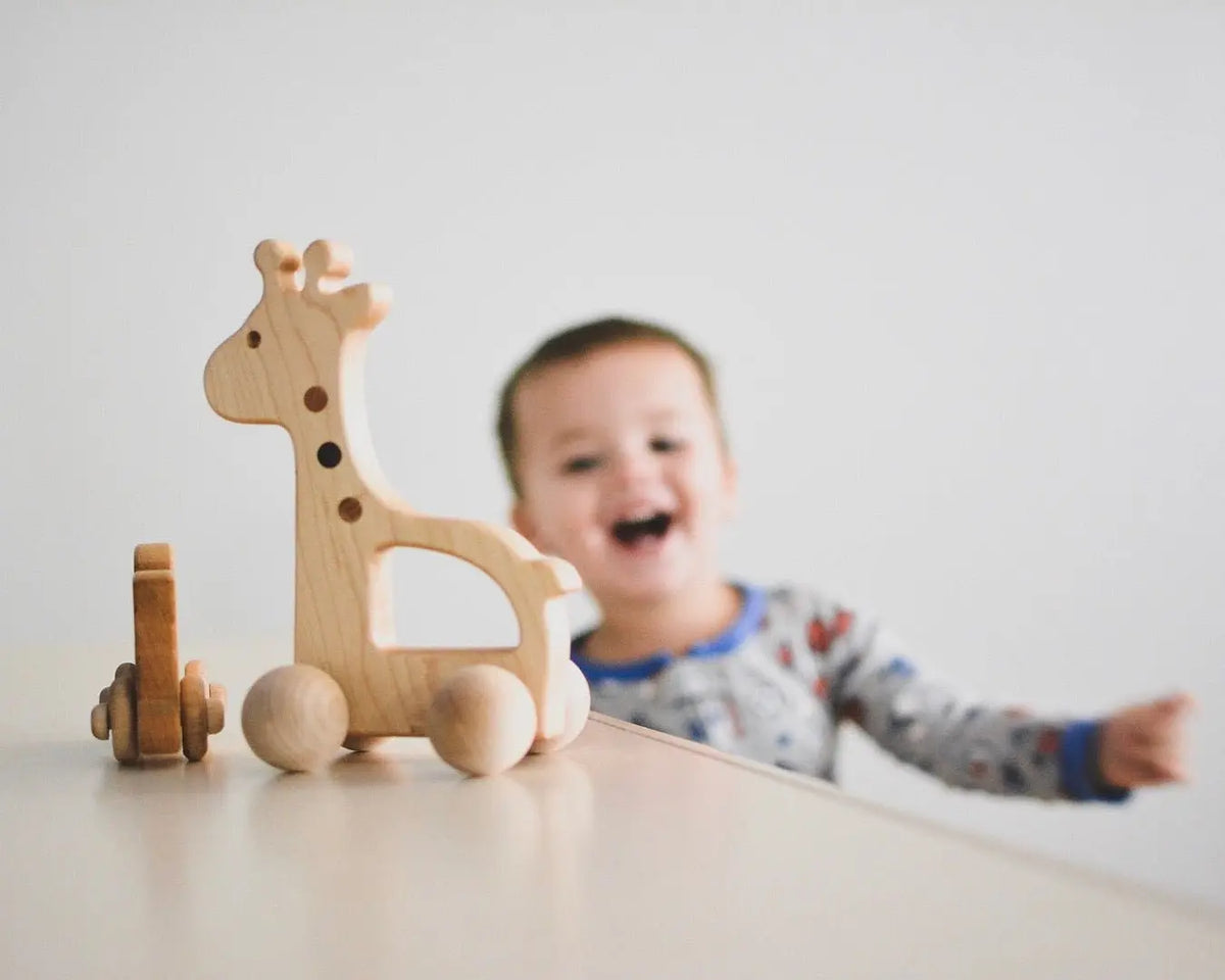 Lifestyle photo showing a wooden push toy with a child
