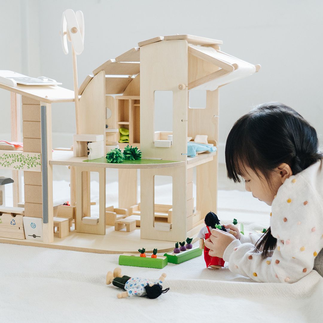 PlanToys Green Wooden Dollhouse with Furniture