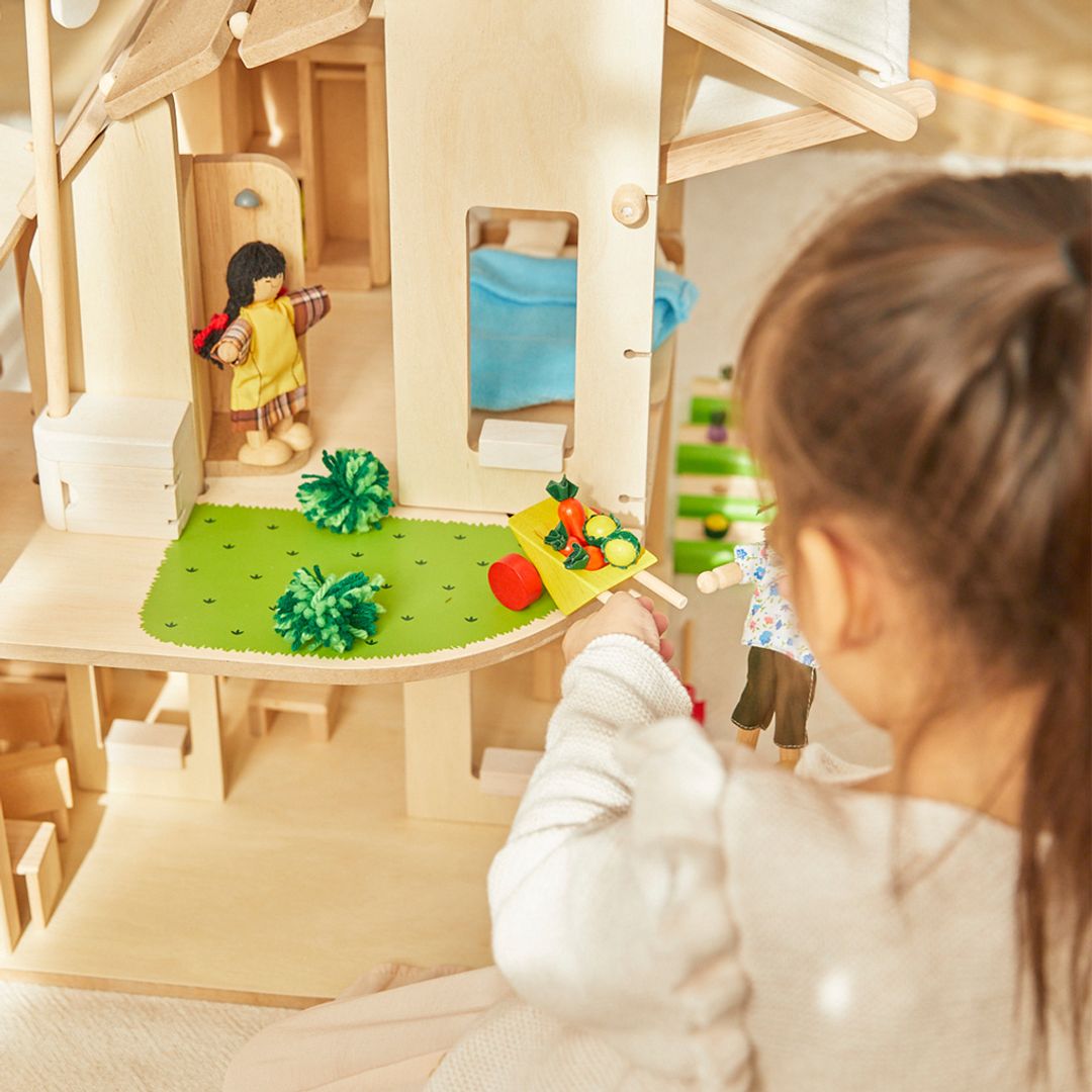 PlanToys Green Wooden Dollhouse with Furniture