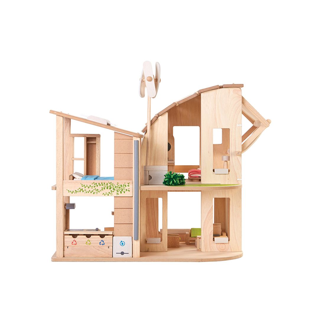 PlanToys Green Wooden Dollhouse with Furniture