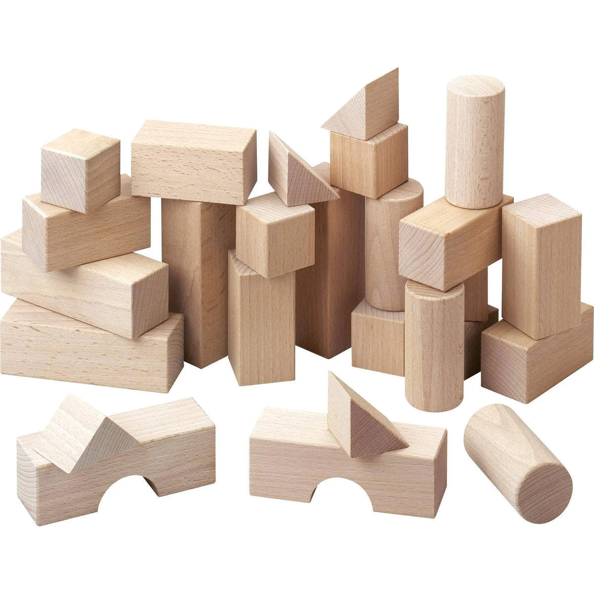 HABA Basic Starter Set natural wooden blocks arranged in towers with arches and loose pieces