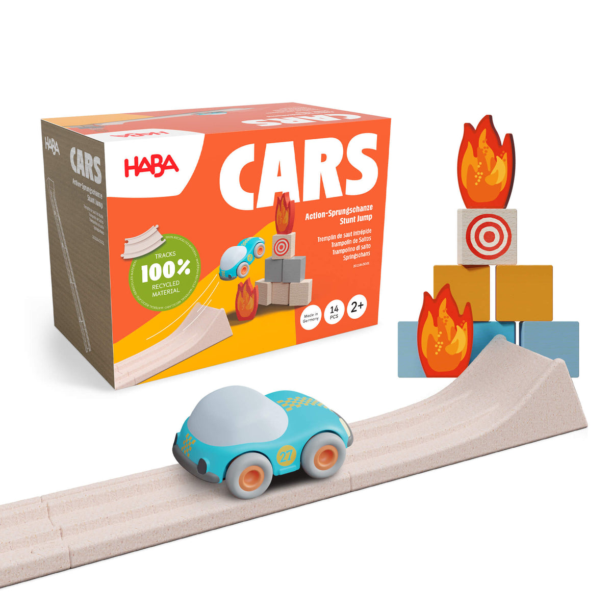HABA Cars Stunt Jump set with blue car, wooden ramp, target blocks and product box