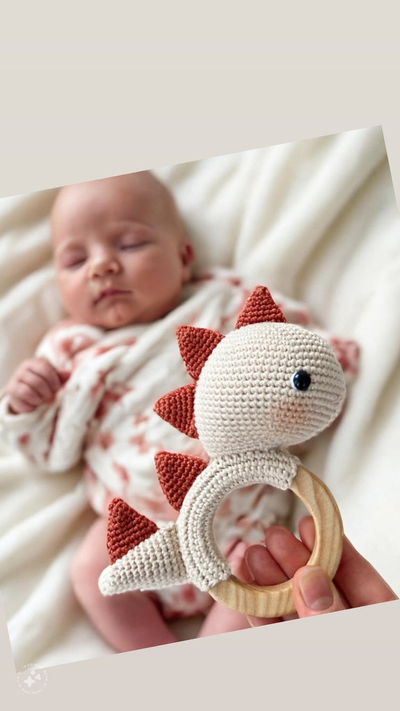 Handmade Dinosaur Rattle Teether – Safe Maple Wood & Cotton - The Baby Penguin
