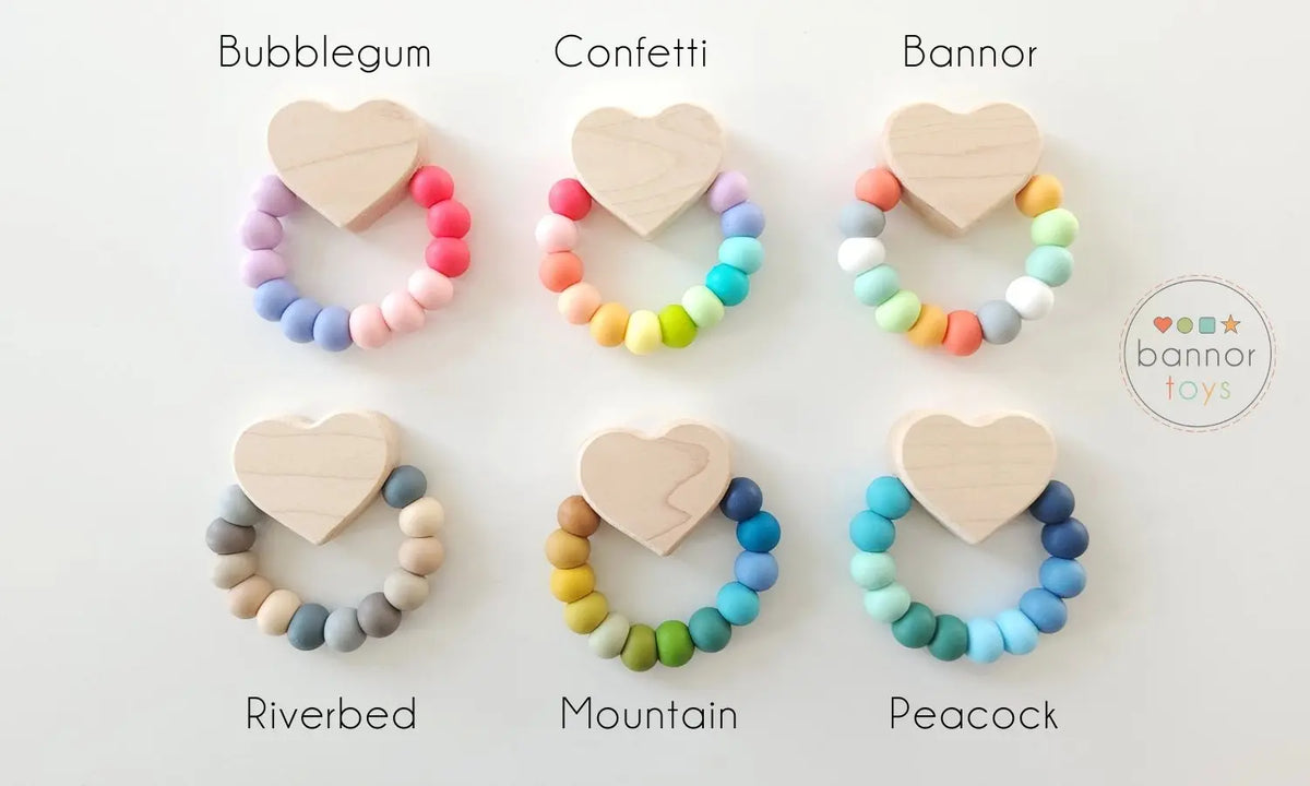 Bannor silicone bead color chart showing example teether color combinations