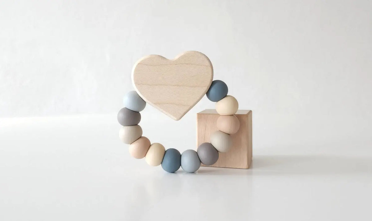 Heart Charm Teether with gray, white and neutral silicone beads