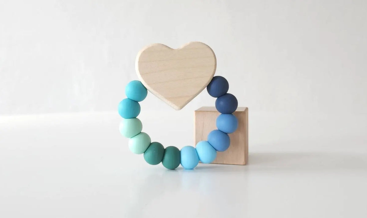 Heart Charm Teether with blue and green silicone beads