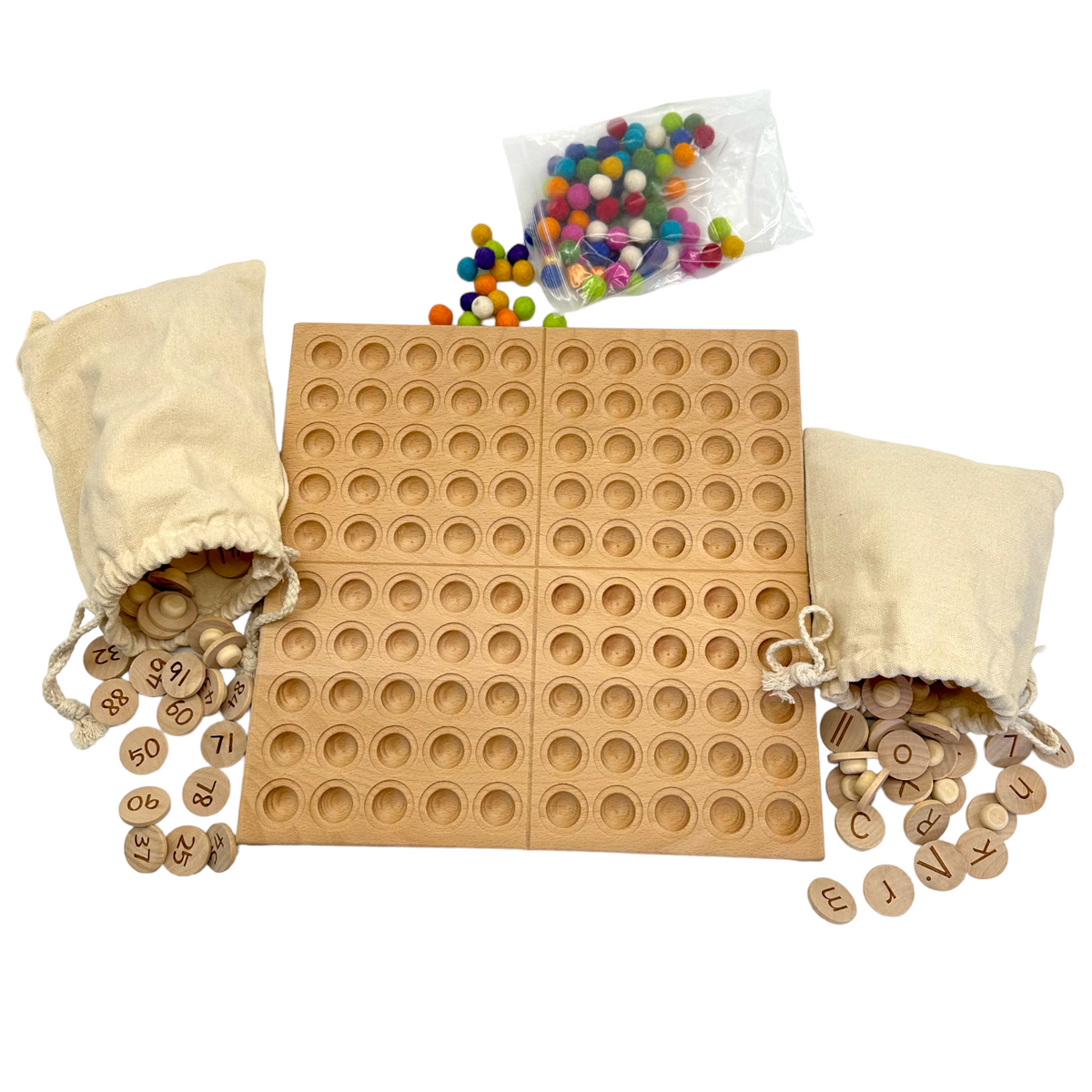 Hundred frame set with numbered coins, alphabet and symbol coins, wool balls, and drawstring bags