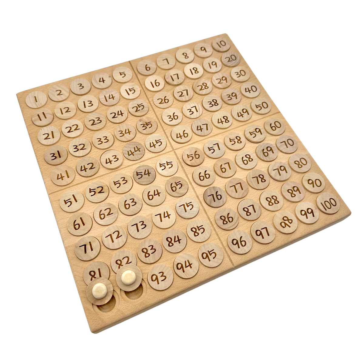 Numbered wooden coins arranged from one to one hundred in the hundred frame