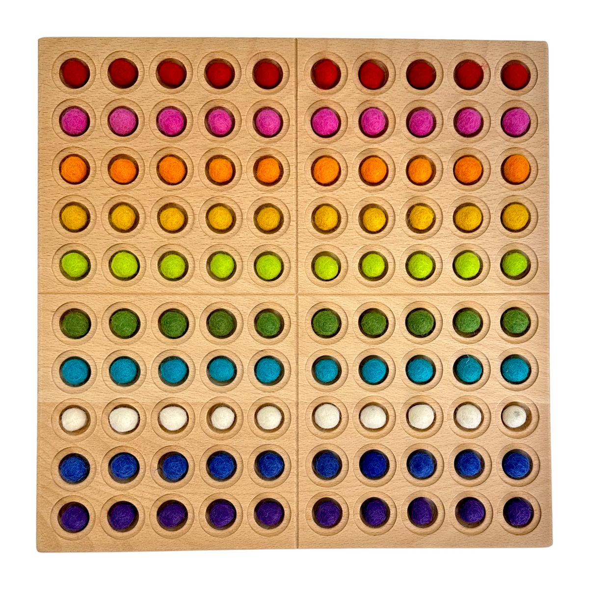 One hundred wool balls arranged by color in the wooden hundred frame