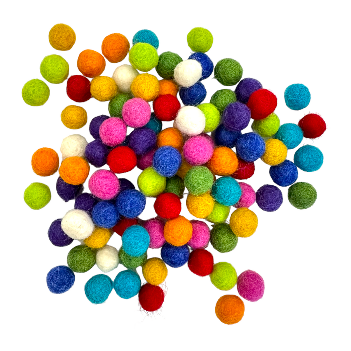 One hundred small wool balls in ten assorted colors