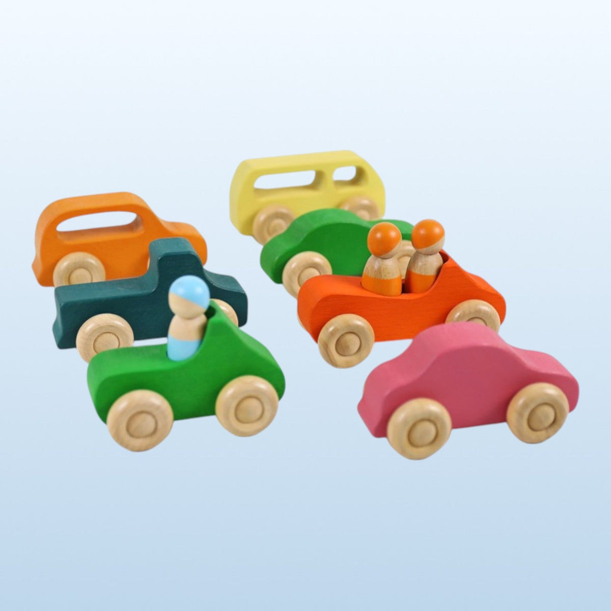 Green Elephant Stained Wooden Cars with 3 Peg Dolls – product view