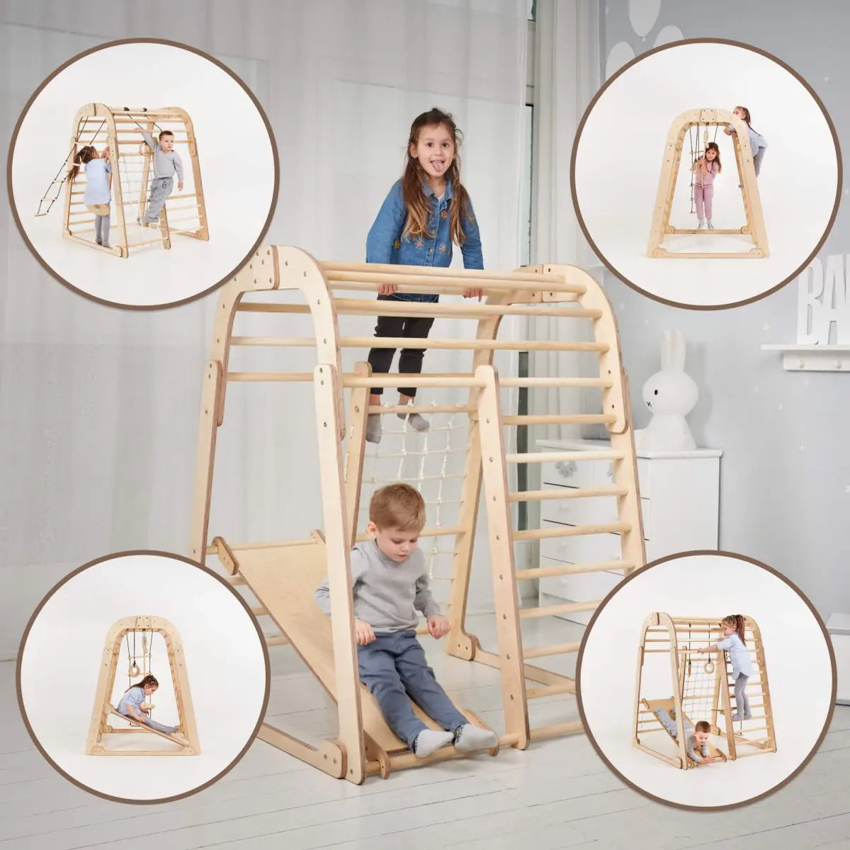 Indoor Wooden Playground for Children - 6in1 Playground + Swings Set + Slide Board - The Baby Penguin