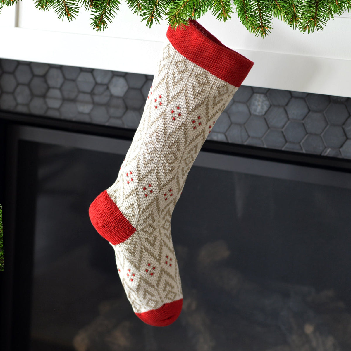 Ecru Patterned Stocking with Red Details