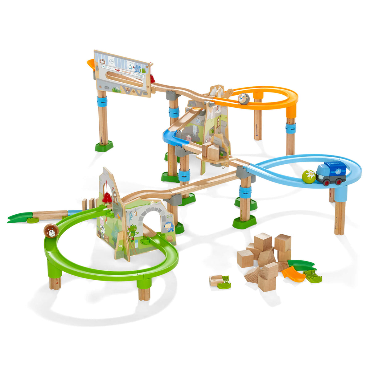 HABA Kullerbu Mountain Adventure track with bridges, colored curves and a blue vehicle