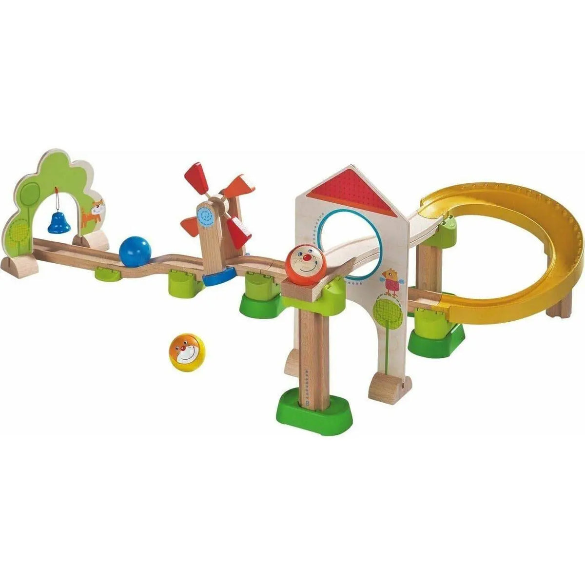 HABA Kullerbu Windmill ball track with yellow curve, red-roof arch, windmill and tree bell