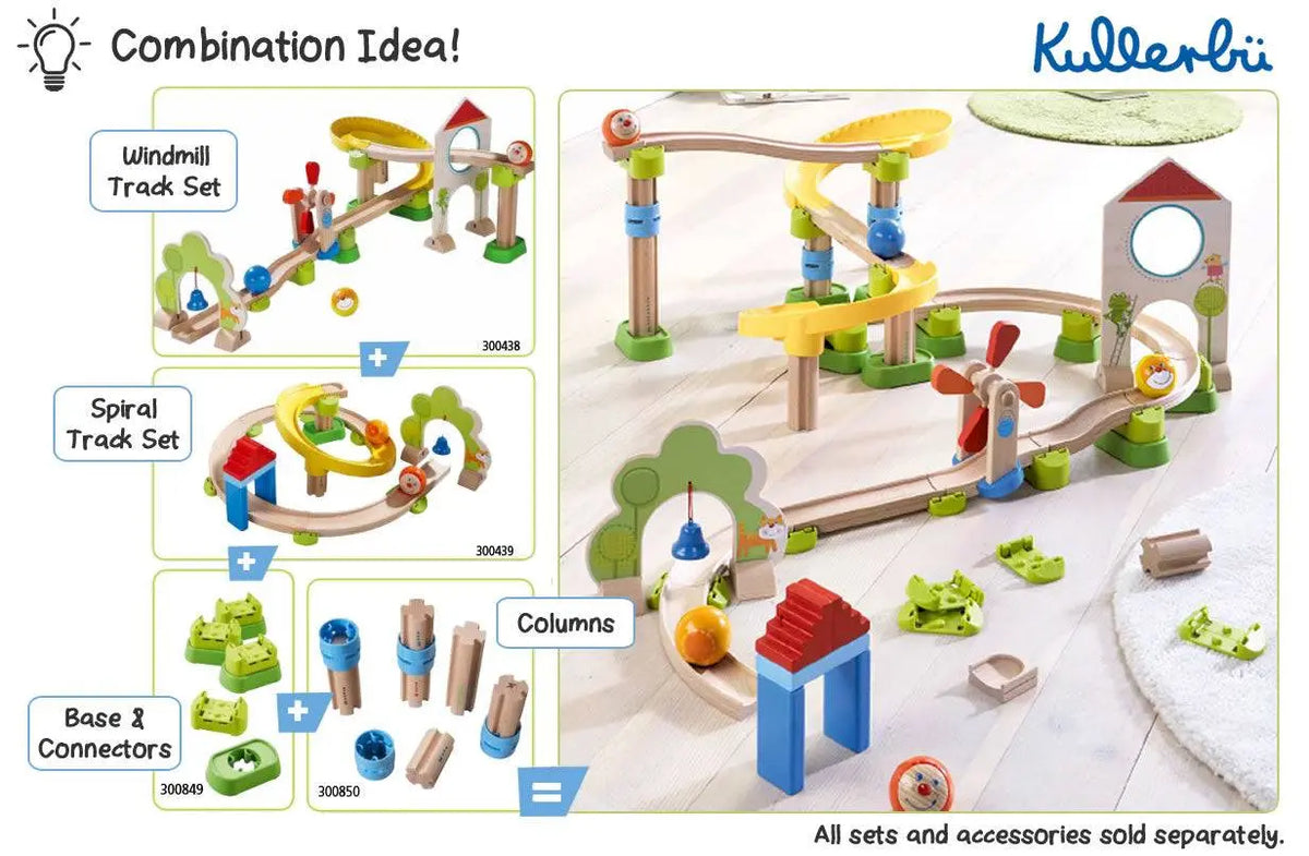 Kullerbu combination idea with Windmill and Spiral track sets, bases, connectors and columns; all sets and accessories sold separately
