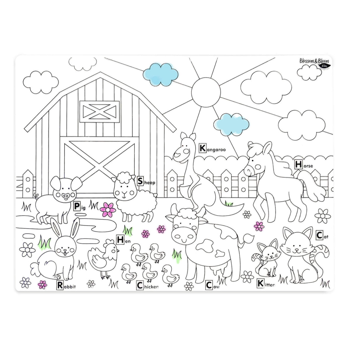Full view of the farm-themed creativity mat with labeled animal illustrations