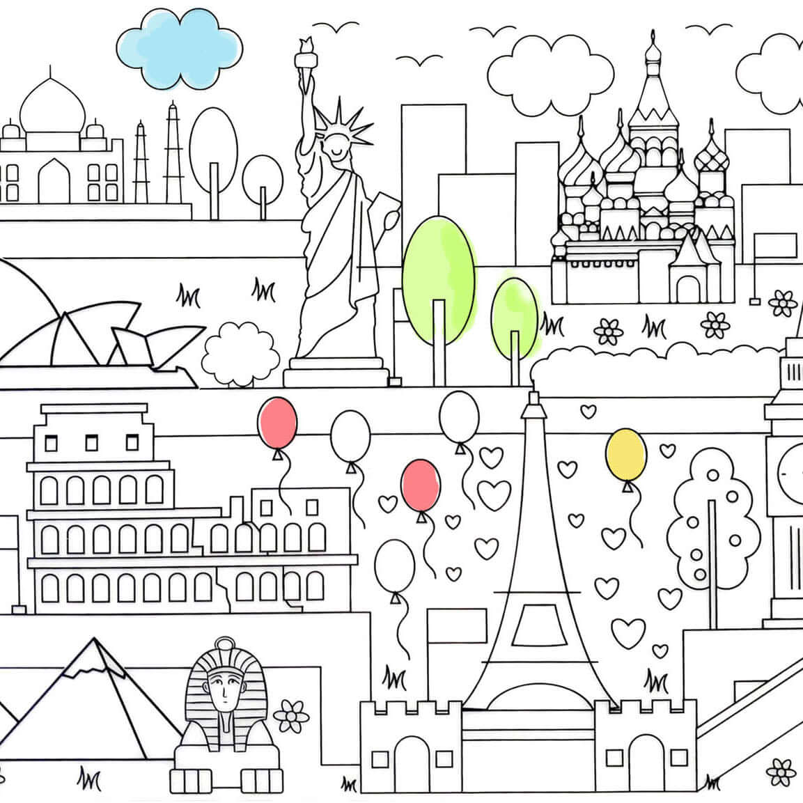 Close-up of the landmarks-themed creativity mat with famous buildings and monuments