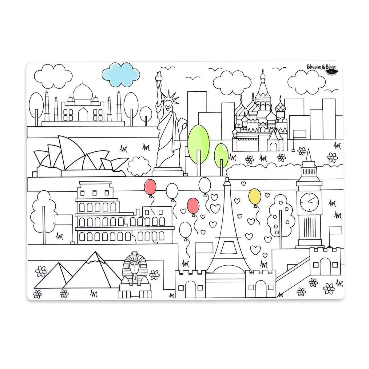 Full view of the landmarks-themed creativity mat with illustrated world landmarks