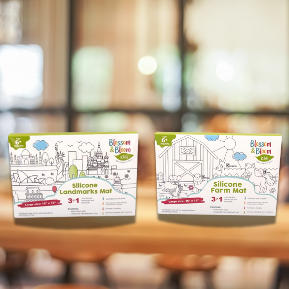 Packaged landmarks and farm creativity mats displayed side by side