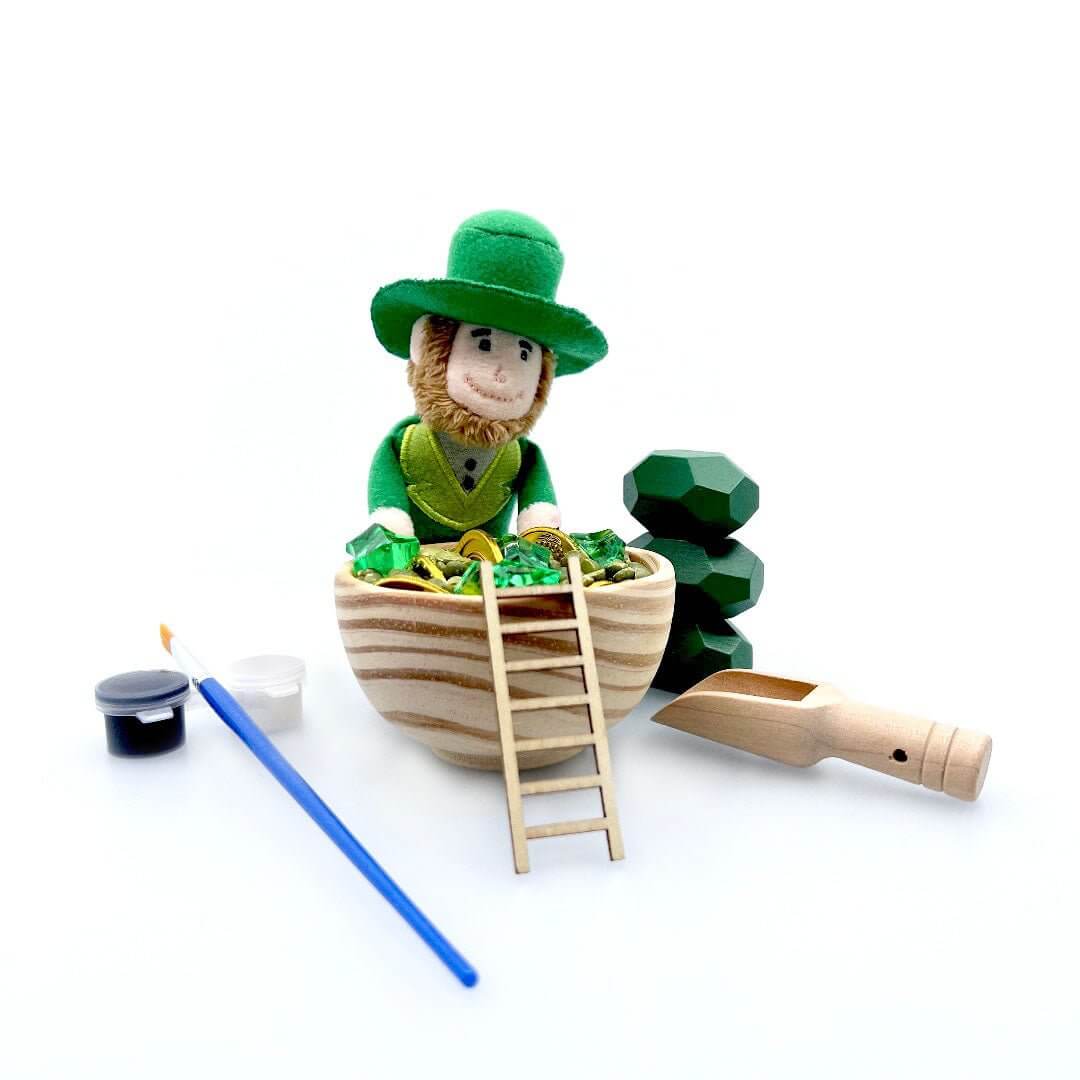 Lucky Leprechaun play set arranged with a scoop, ladder, paintbrush and two paint pots