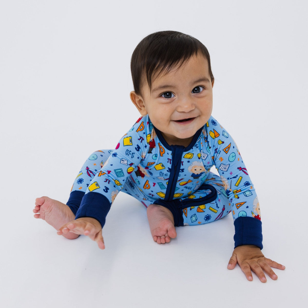 Baby on hands and knees wearing Bam & Stitch Mathematical Marvel Convertible Romper.