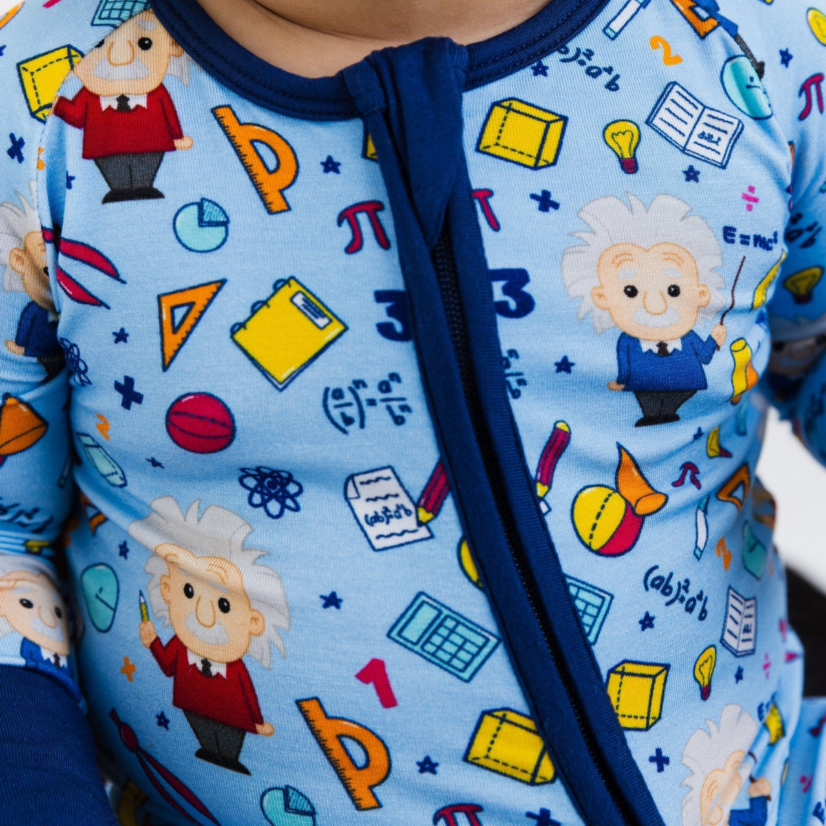 Close-up of the front zipper and fabric on Bam & Stitch Mathematical Marvel Convertible Romper.