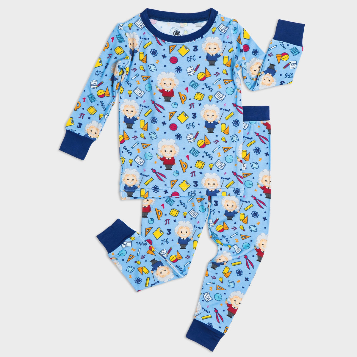 Flat lay of Bam & Stitch Mathematical Marvel Long Sleeve Pajamas, showing the matching top and bottoms.