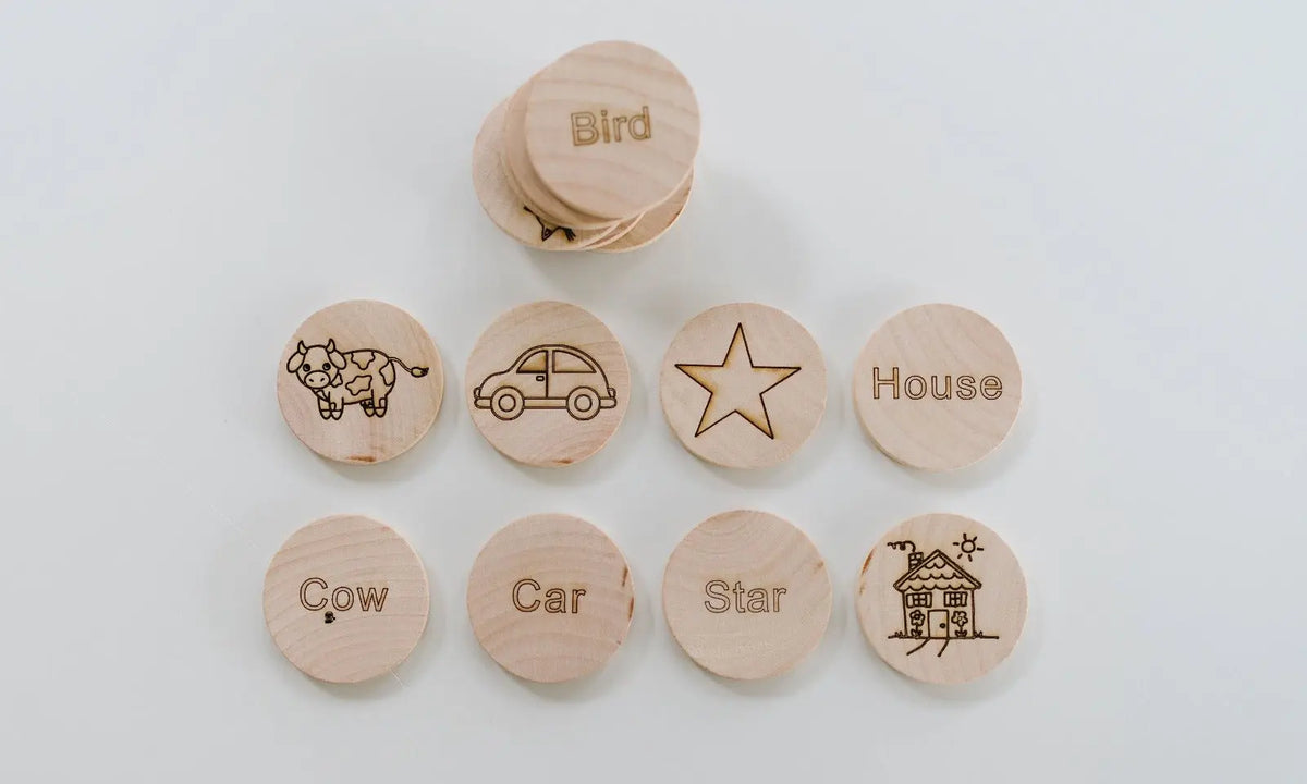 Round wooden mini sight-word tiles showing words and matching outline drawings