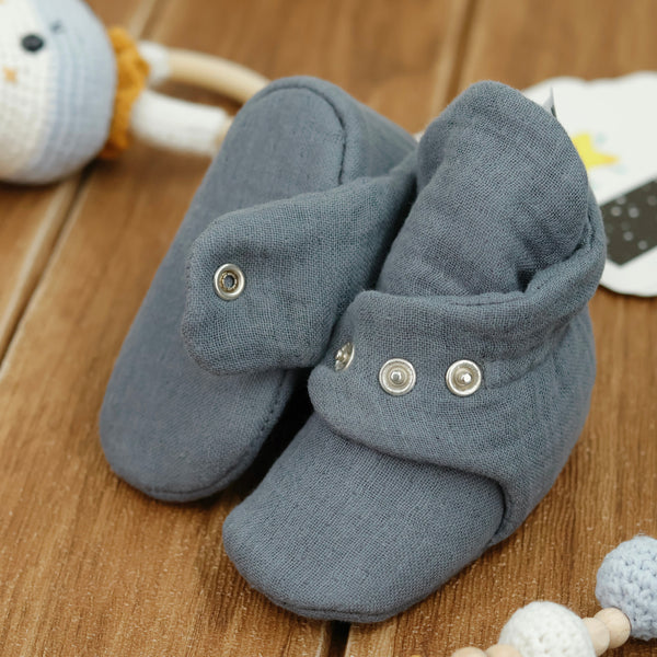 Muslin Stay On Baby Booties Dark Gray - The Baby Penguin