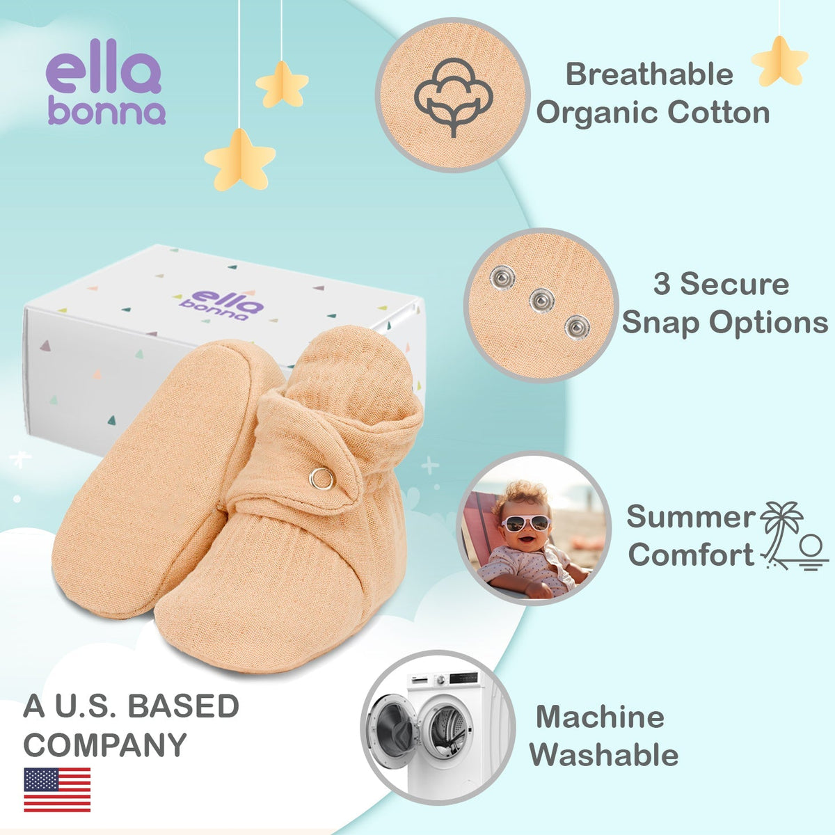 Ella Bonna feature graphic showing beige muslin booties, snap and care callouts, and a U.S.-based company claim.