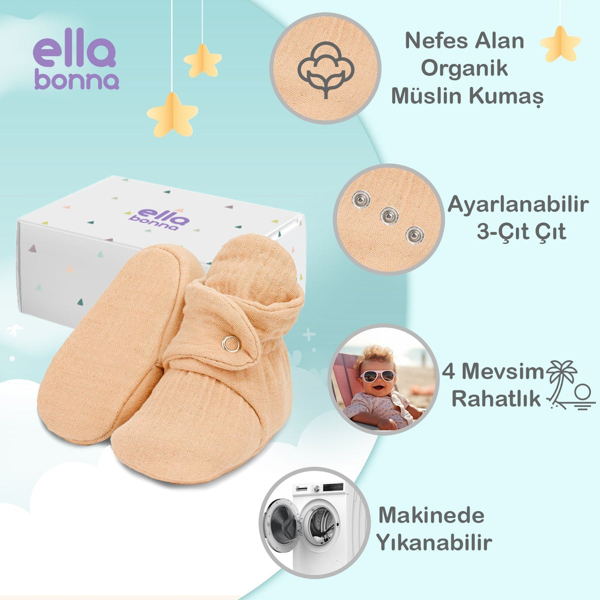 Ella Bonna feature graphic showing beige muslin booties with Turkish material, snap and care callouts.