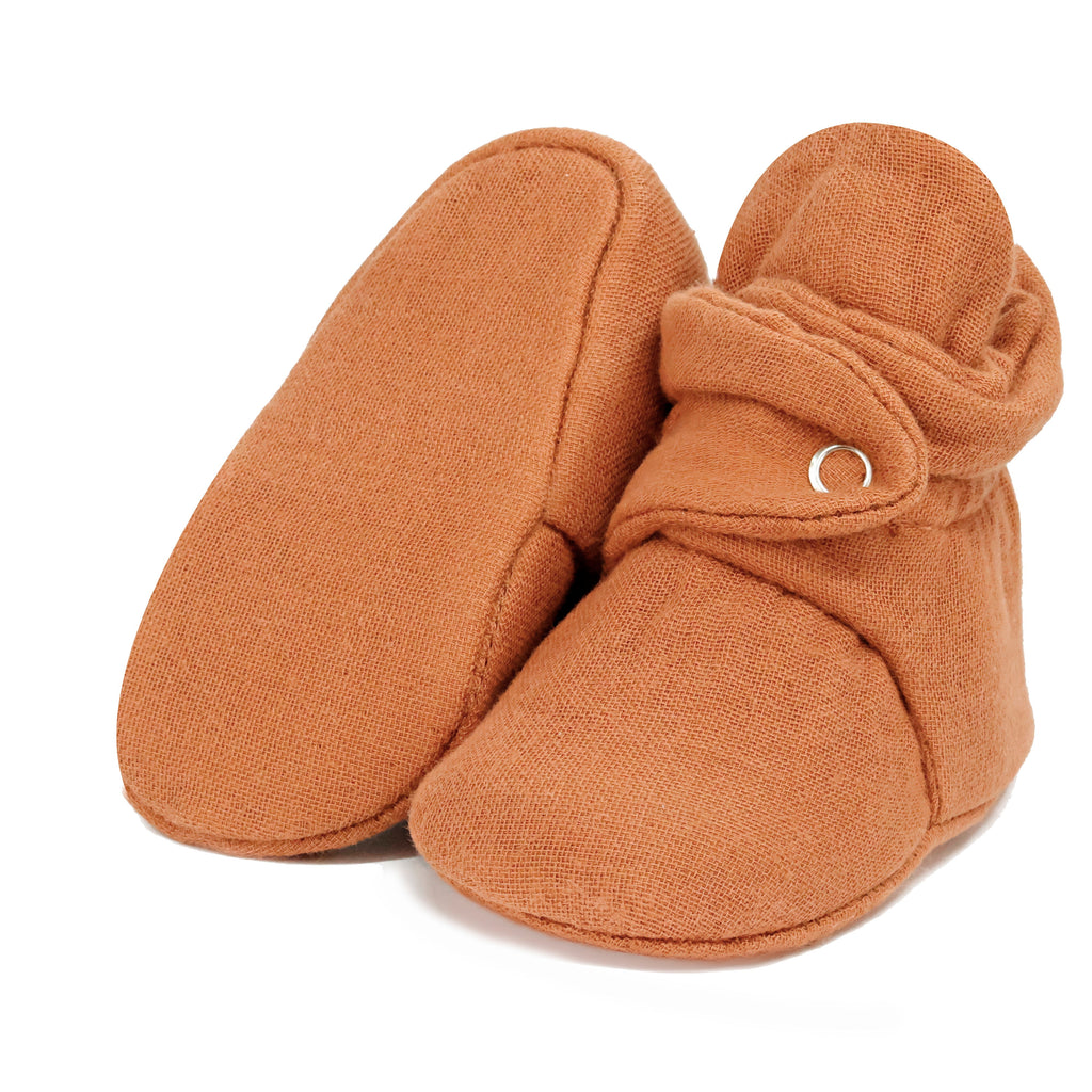Muslin Stay On Baby Booties Walnut - The Baby Penguin