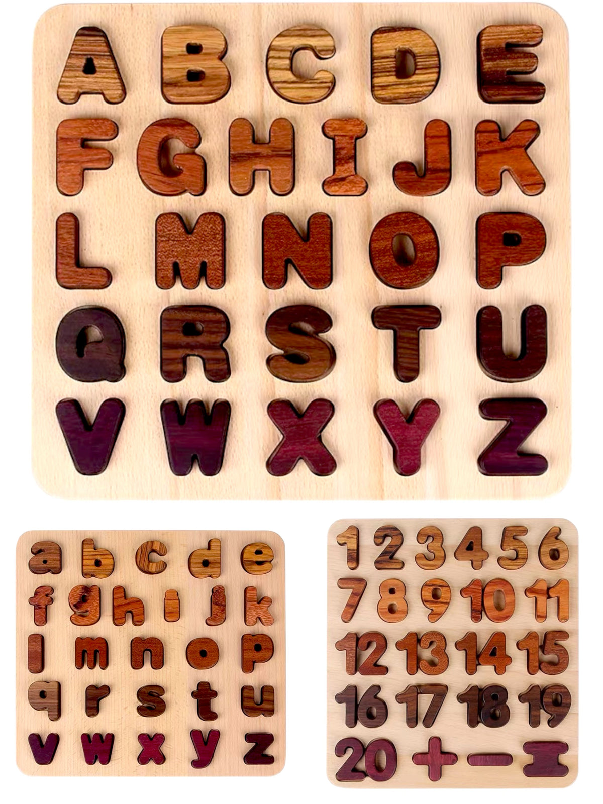 Natural Wood Alphabet & Number Puzzle – 3 Styles