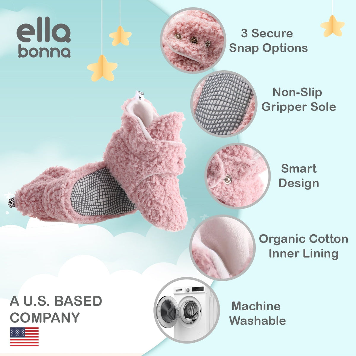 Ella Bonna feature graphic showing pink teddy booties, snap, sole and lining callouts, and a U.S.-based company claim.
