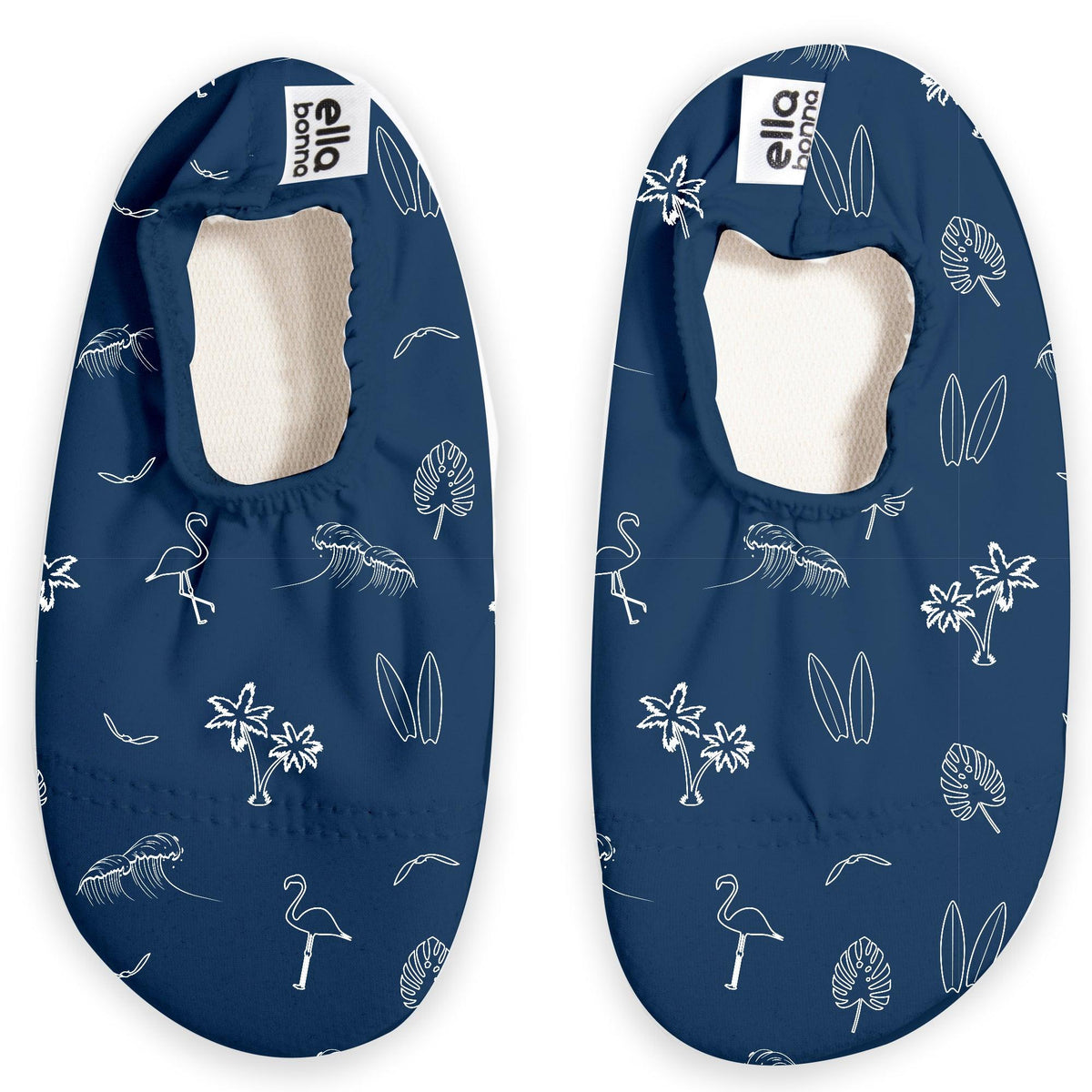 Top view of a pair of navy slip-on water shoes with pale beach-themed line drawings on a white background.
