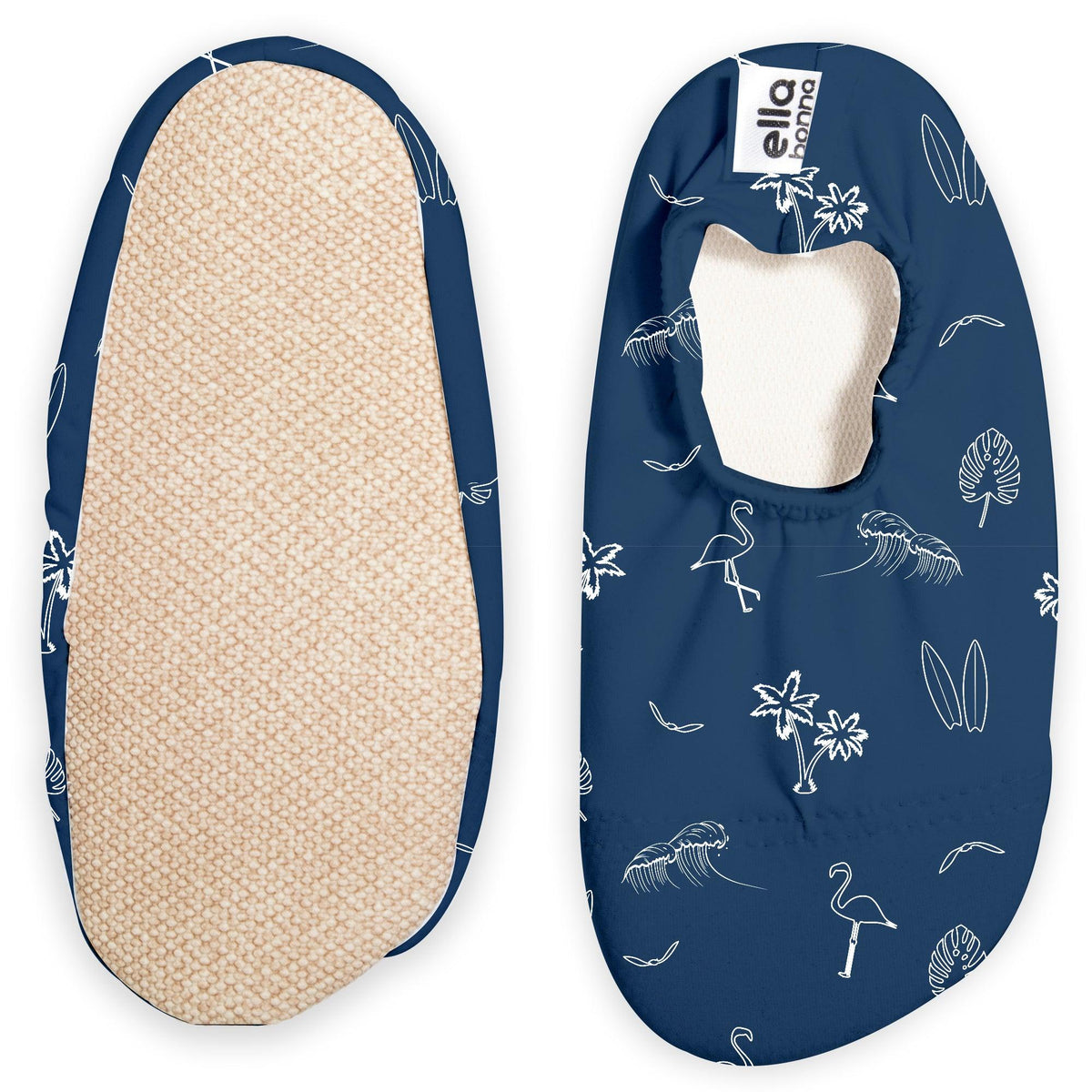 Navy slip-on water shoes with pale beach-themed line drawings, with one sole facing the camera on a white background.
