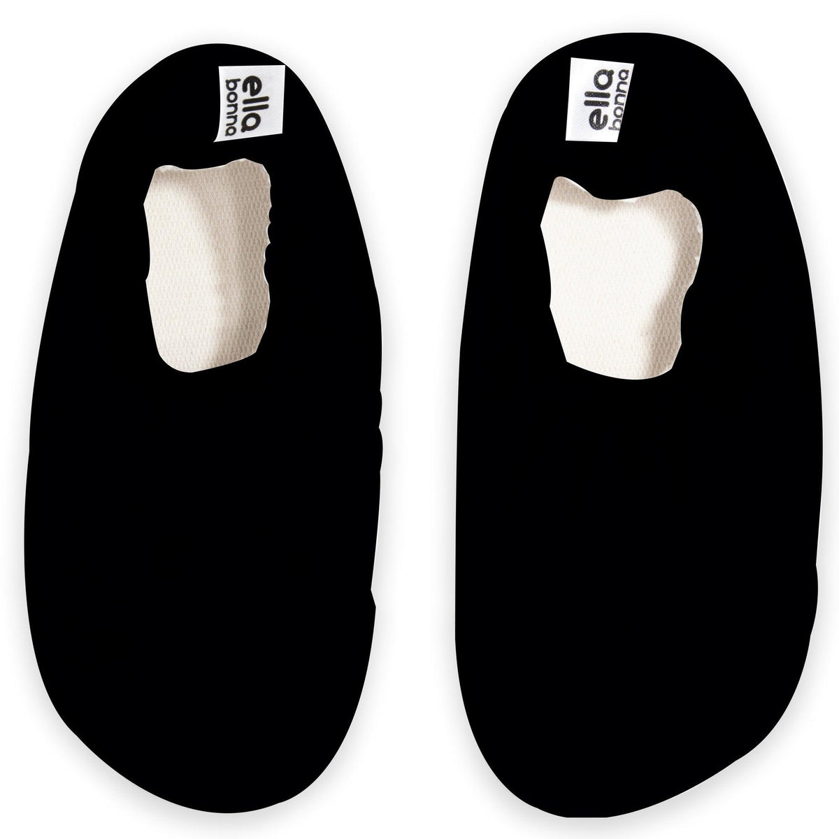 Top view of a pair of black slip-on water shoes with cream lining on a white background.
