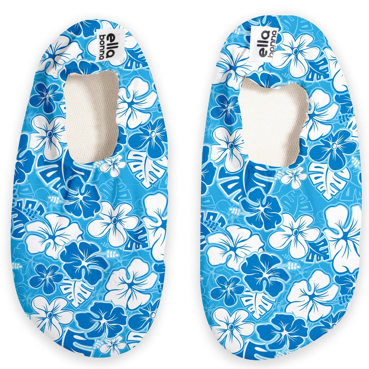Top view of a pair of blue slip-on water shoes with white hibiscus flower print on a white background.